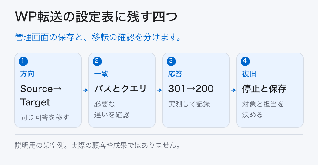 WP転送の設定表に残す四つ。管理画面の保存と、移転の確認を分けます。