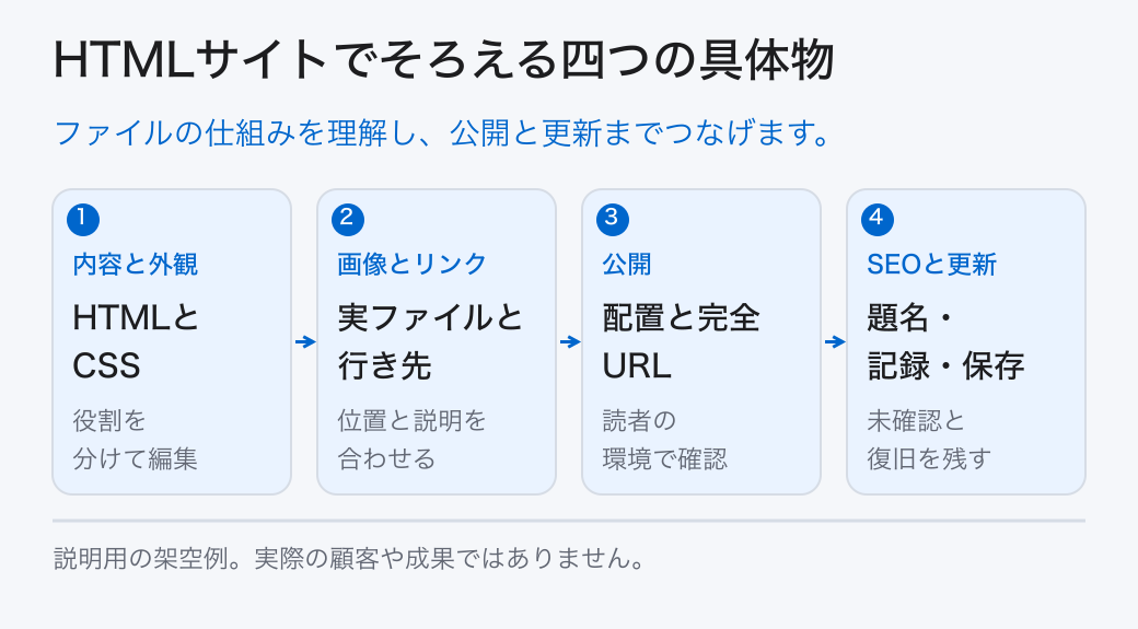 HTMLサイトでそろえる四つの具体物。ファイルの仕組みを理解し、公開と更新までつなげます。