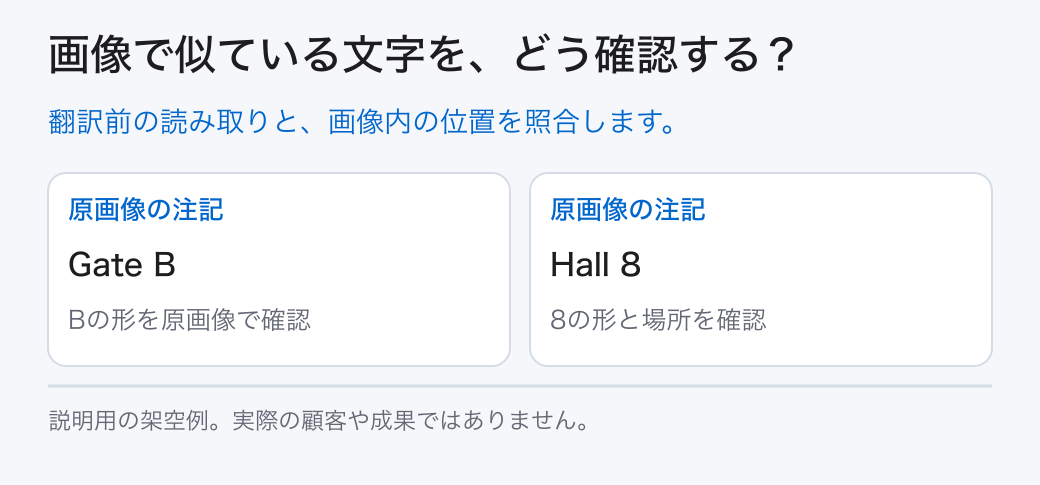 画像で似ている文字を、どう確認する?。翻訳前の読み取りと、画像内の位置を照合します。