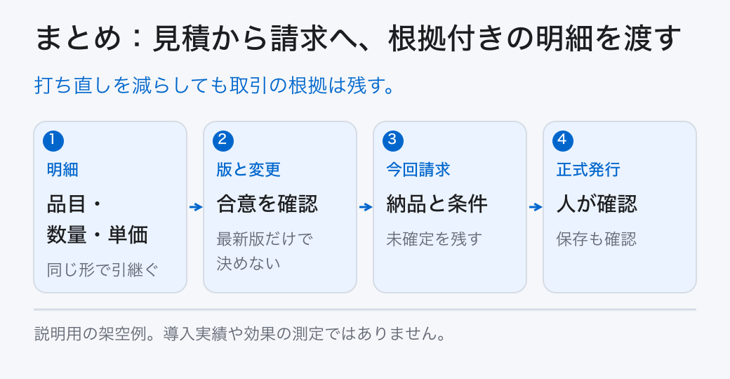 まとめ:見積から請求へ、根拠付きの明細を渡す。打ち直しを減らしても取引の根拠は残す。