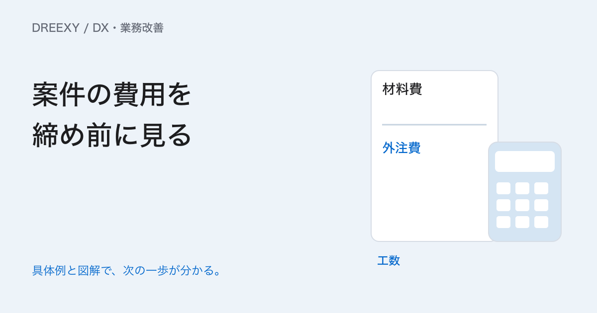 案件別の原価管理はどう始める？材料・外注・工数と予算のズレを確認するの実務ガイド。案件原価管理の開始票