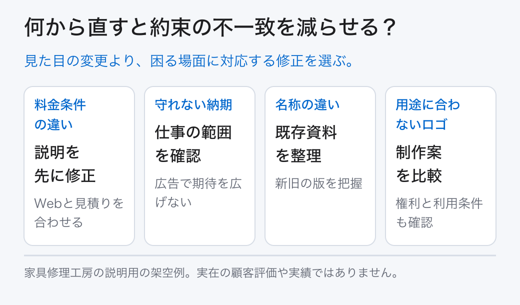 何から直すと約束の不一致を減らせる? 料金条件の違い: 説明を先に修正 (Webと見積りを合わせる); 守れない納期: 仕事の範囲を確認 (広告で期待を広げない); 名称の違い: 既存資料を整理 (新旧の版を把握); 用途に合わないロゴ: 制作案を比較 (権利と利用条件も確認) 見た目の変更より、困る場面に対応する修正を選ぶ。