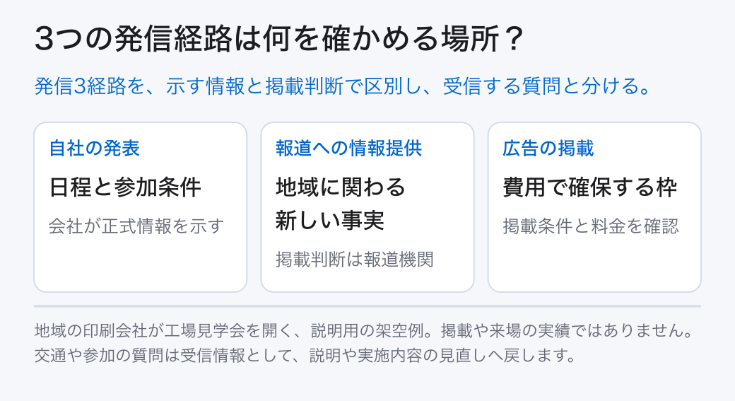 3つの発信経路は何を確かめる場所? 自社の発表: 日程と参加条件 (会社が正式情報を示す); 報道への情報提供: 地域に関わる新しい事実 (掲載判断は報道機関); 広告の掲載: 費用で確保する枠 (掲載条件と料金を確認) 発信3経路を、示す情報と掲載判断で区別し、受信する質問と分ける。 地域の印刷会社が工場見学会を開く、説明用の架空例。掲載や来場の実績ではありません。交通や参加の質問は受信情報として、説明や実施内容の見直しへ戻します。