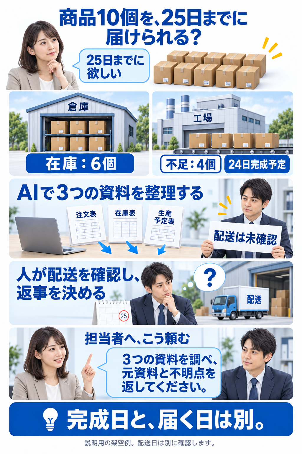 商品10個を25日までに欲しいという架空の依頼。在庫は6個、不足4個は24日完成予定。AIが注文表・在庫表・生産予定表を調べ、配送未確認の案を人へ返す。人が配送を確認して返事を決める。担当者へ頼む文も示す。