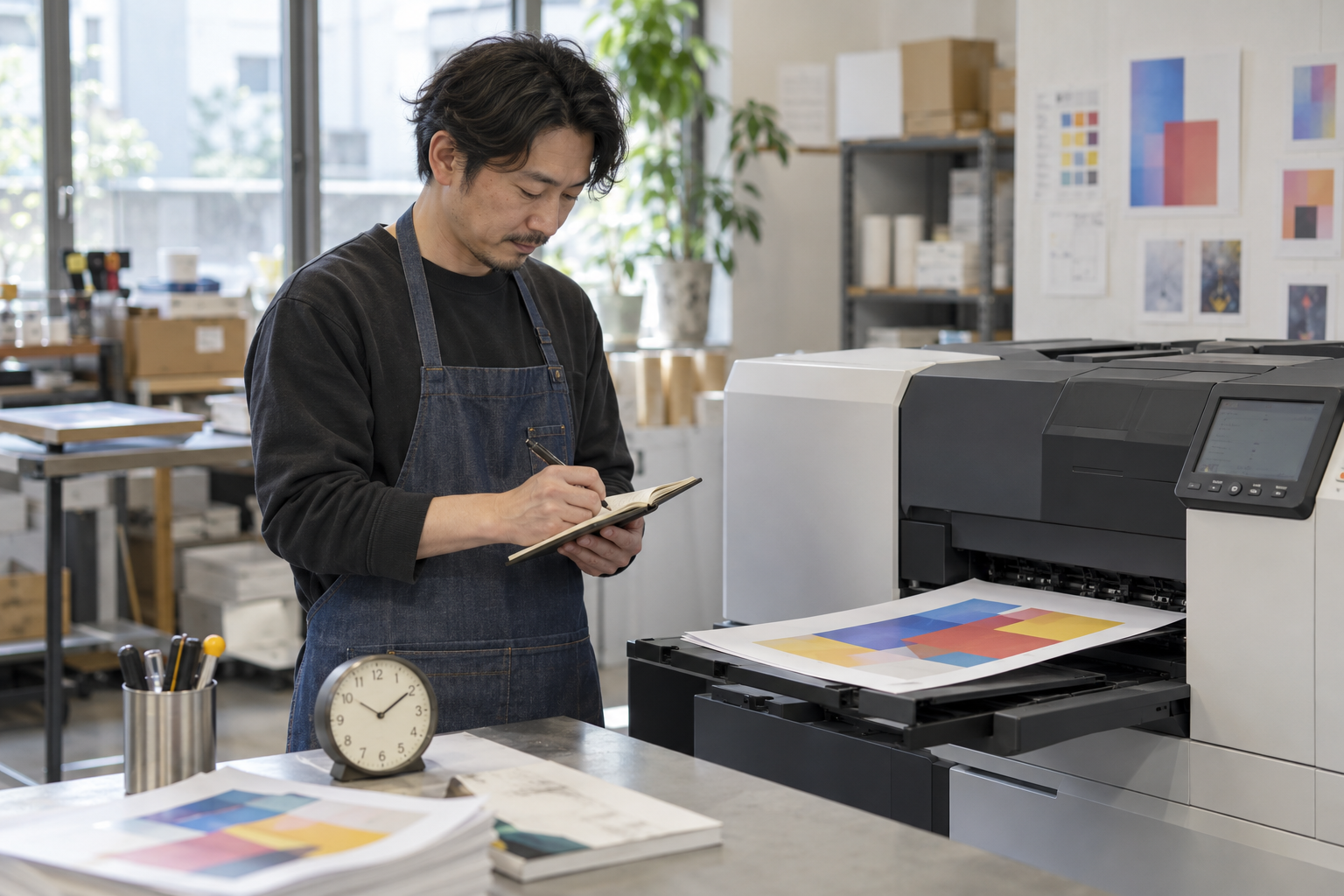 印刷担当者が設備のそばで時計を確認し、作業の開始と終了をノートへ残す架空場面