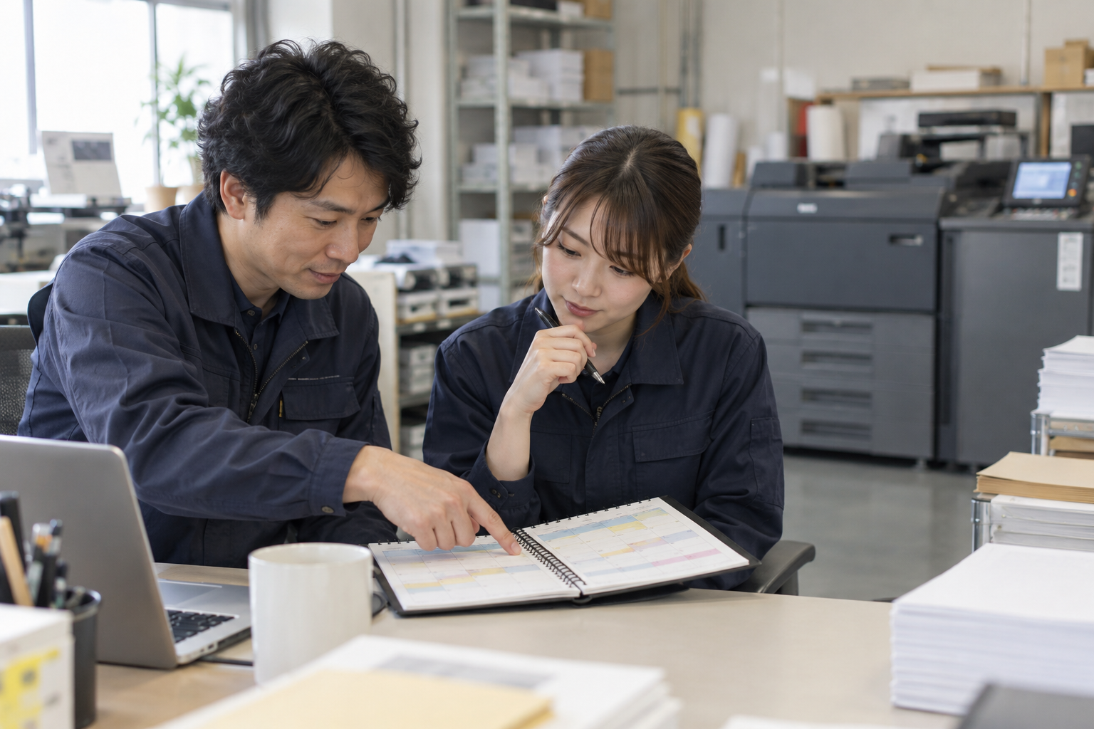 二人の印刷サービス担当者が設備の前で週間予定表の生産枠を確認する架空場面