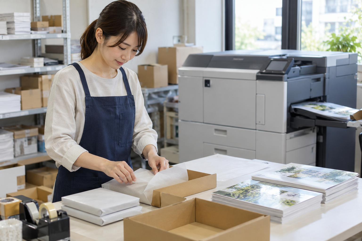 印刷機が自動で印刷する横で、一人の担当者が両手を使って箱を組み立てる架空場面
