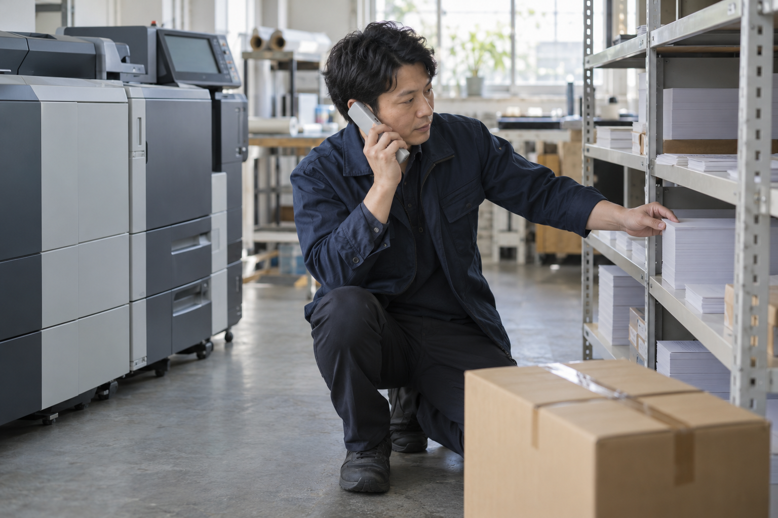 印刷機のそばで担当者が用紙棚を確認し、電話で材料の手配を確かめる架空場面