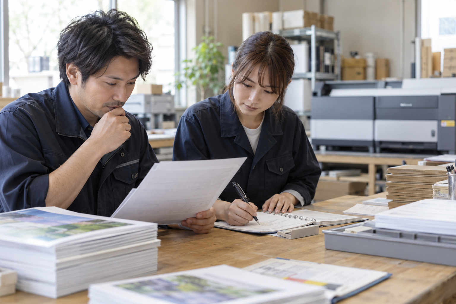 二人の印刷サービス担当者が材料と作業記録を前に、次の週に確認する予定を紙へ書く架空場面