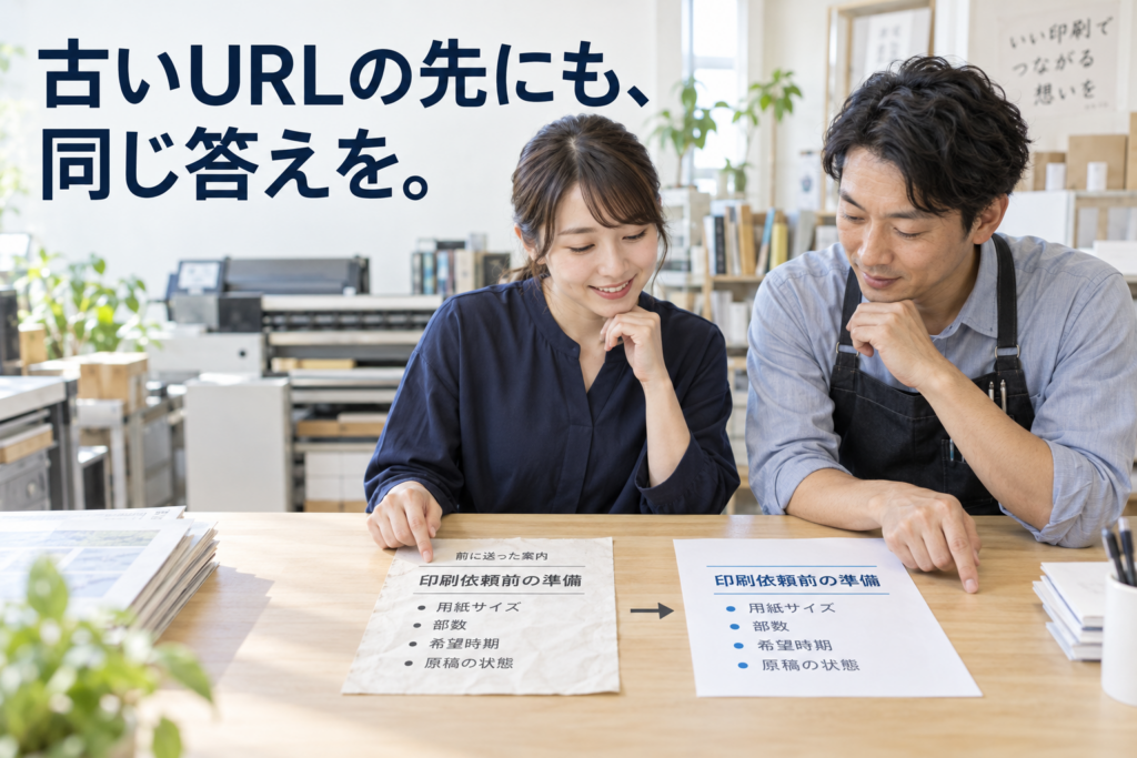 古いメールに載った案内と新しい準備案内を、印刷店の担当者が紙で見比べる説明用の場面