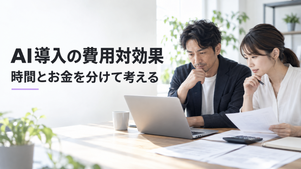 AI導入の費用対効果。時間とお金を分けて考える。仕事の費用を資料で確認するAI生成の業務イメージ。