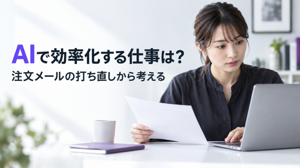 AIで効率化する仕事は?注文メールの打ち直しから考える。紙とパソコンを見比べるAI生成の業務イメージ。