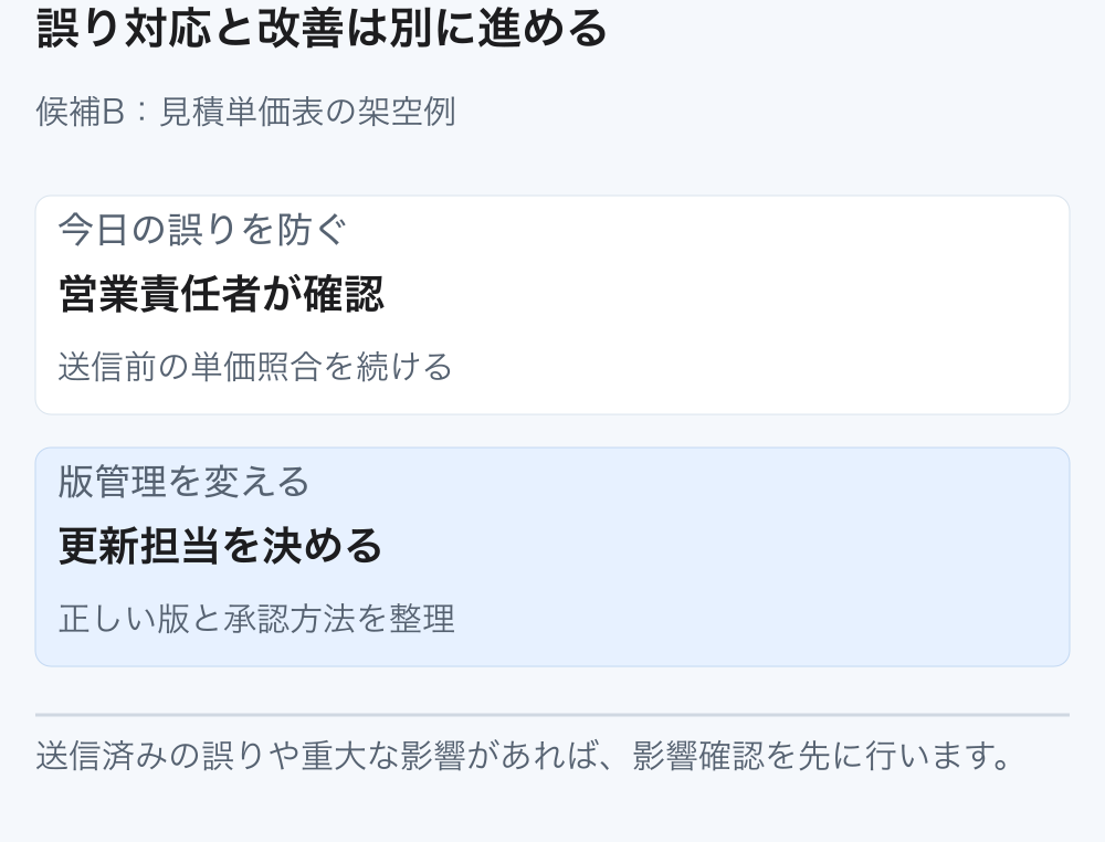 見積の単価誤りを防ぐ当面の送信前確認と、正しい版と更新担当を決める恒久的な版管理改善は異なる対応。