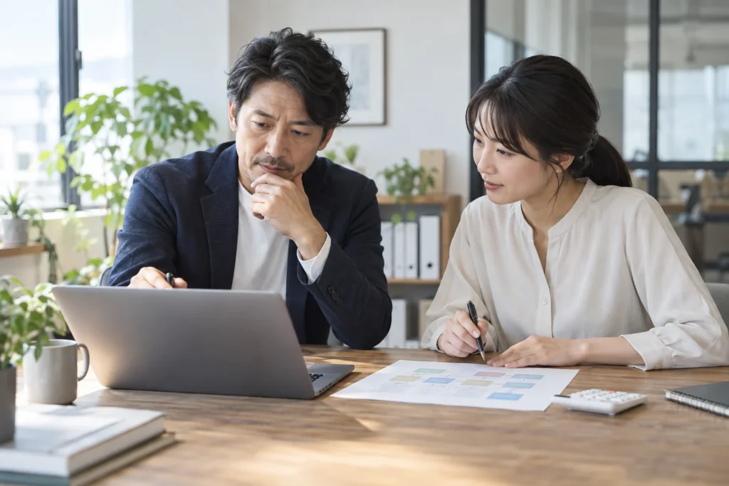 受注管理の開発費用を整理する担当者。システム開発費用の考え方を案内するアイキャッチ。