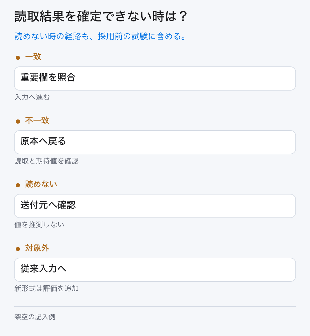 読取結果を確定できない時は？。読めない時の経路も、採用前の試験に含める。