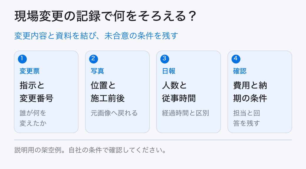変更内容と資料を結び、未合意の条件を残す。変更票：指示と変更番号／写真：位置と施工前後／日報：人数と従事時間／確認：費用と納期の条件