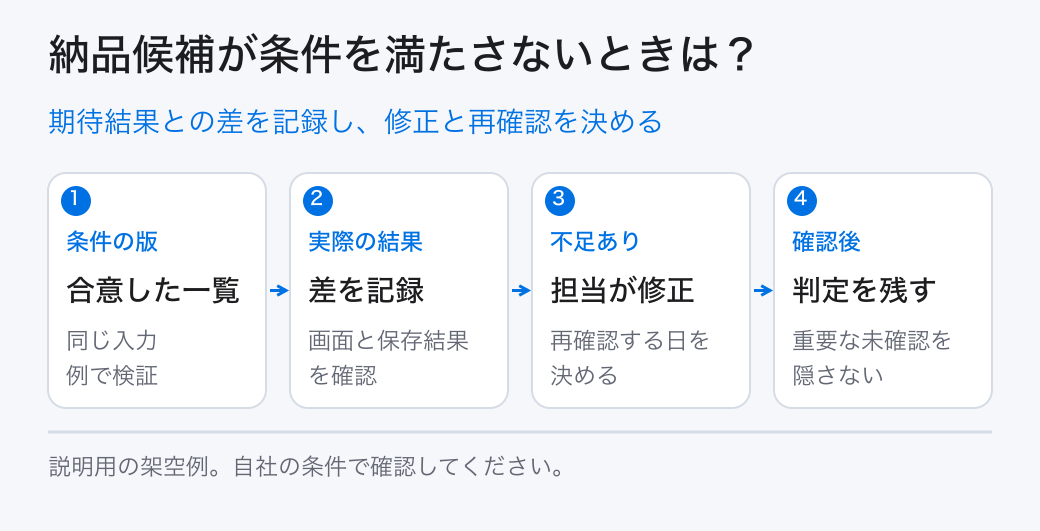 期待結果との差を記録し、修正と再確認を決める。条件の版：合意した一覧／実際の結果：差を記録／不足あり：担当が修正／確認後：判定を残す
