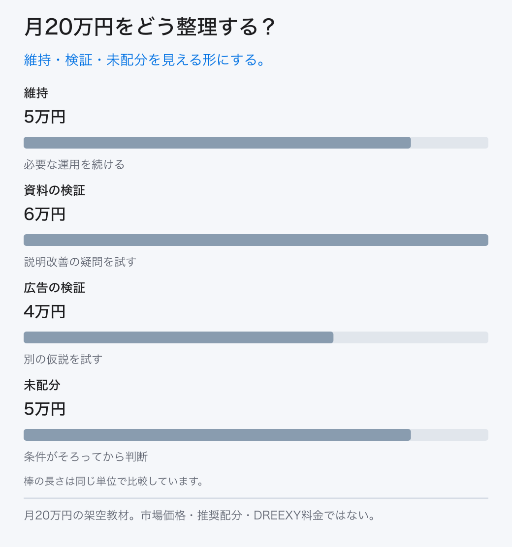 月20万円をどう整理する？。維持・検証・未配分を見える形にする。。維持：5万円。資料の検証：6万円。広告の検証：4万円。未配分：5万円
