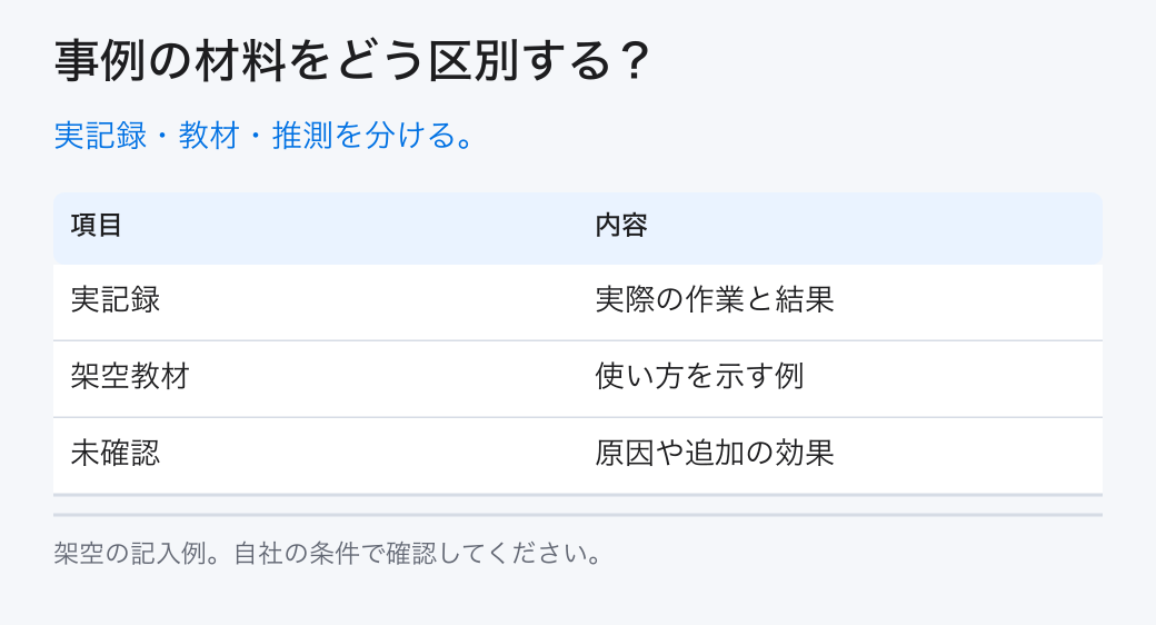 事例の材料をどう区別する？。実記録・教材・推測を分ける。。実記録：実際の作業と結果。架空教材：使い方を示す例。未確認：原因や追加の効果