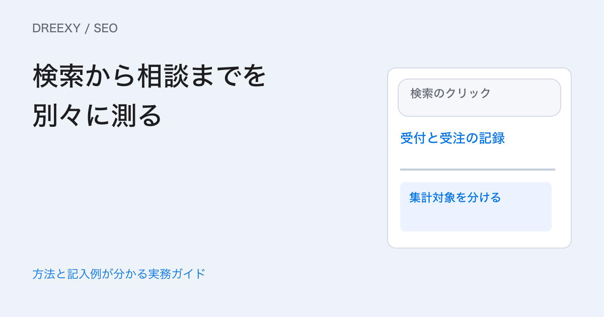 SEOの効果はどう測る？表示・クリック・訪問・相談を分ける記録表の実務ガイド。URL・検索語・端末・期間の条件を残す測定記録と指標対応表