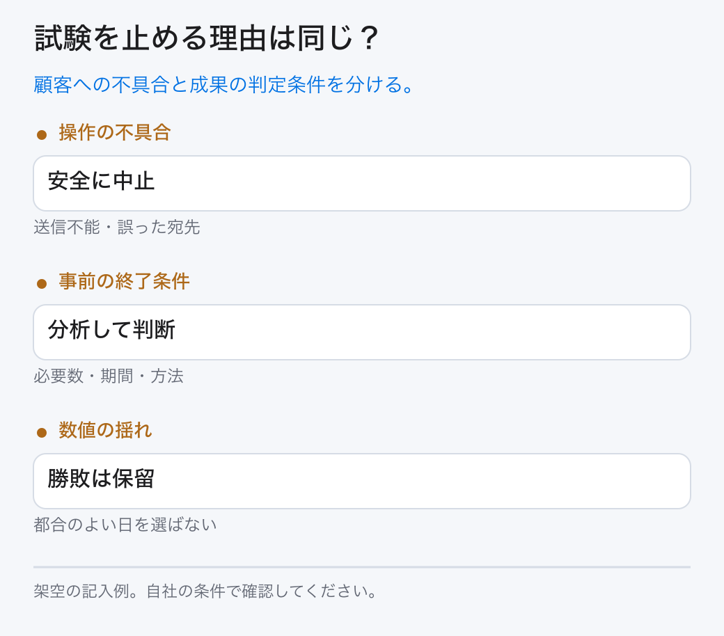 試験を止める理由は同じ？。顧客への不具合と成果の判定条件を分ける。。操作の不具合：安全に中止。事前の終了条件：分析して判断。数値の揺れ：勝敗は保留