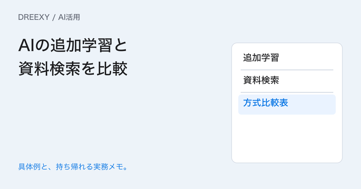 社内AIを改善するには追加学習と資料検索のどちら?更新する情報から選ぶ比較表の実務ガイド。AIの追加学習と資料検索を比較:記入メモ