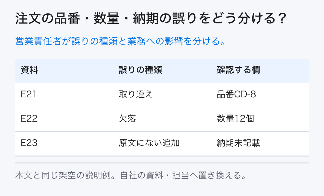 注文の品番・数量・納期の誤りをどう分ける? 営業責任者が誤りの種類と業務への影響を分ける。