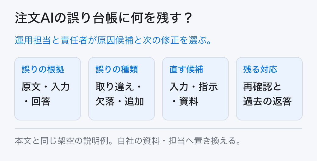 注文AIの誤り台帳に何を残す? 運用担当と責任者が原因候補と次の修正を選ぶ。