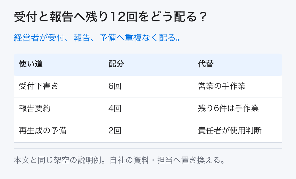 受付と報告へ残り12回をどう配る? 経営者が受付、報告、予備へ重複なく配る。