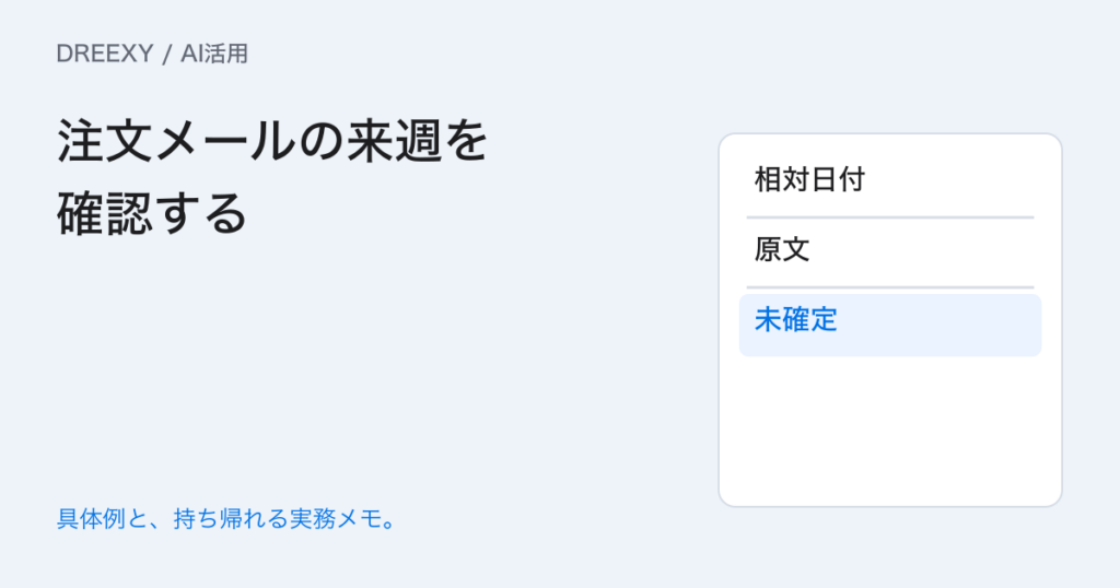 AIがメールの来週を日付に変えるときは?基準日と未確定を残すの実務ガイド。注文メールの来週を確認する:記入メモ