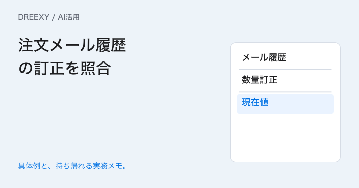 AIに長いメール履歴を読ませるときは？訂正前の注文を残さない確認の実務ガイド。注文メール履歴の訂正を照合：記入メモ