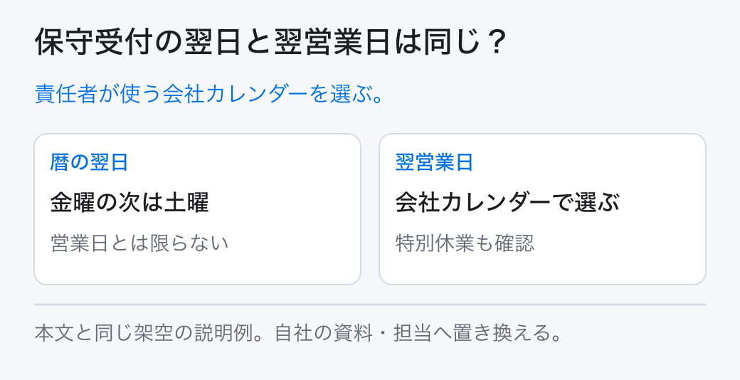 保守受付の翌日と翌営業日は同じ? 責任者が使う会社カレンダーを選ぶ。