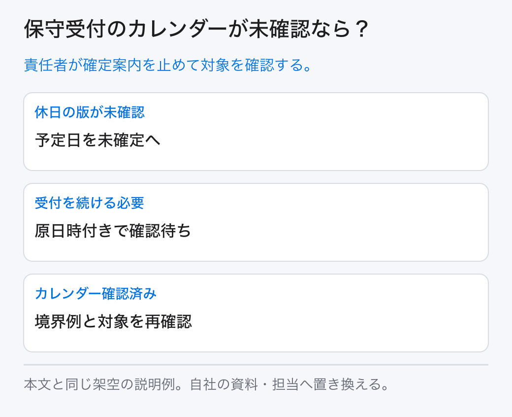 保守受付のカレンダーが未確認なら? 責任者が確定案内を止めて対象を確認する。