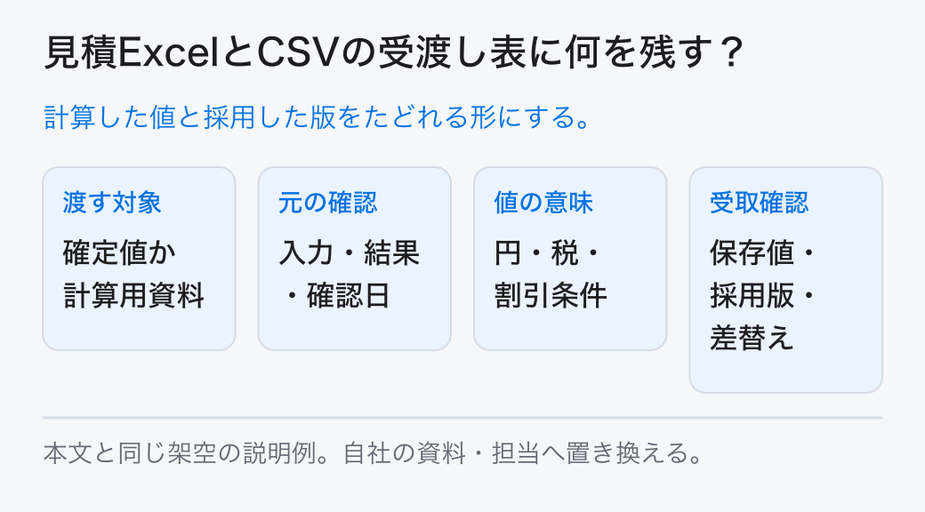 見積ExcelとCSVの受渡し表に何を残す? 計算した値と採用した版をたどれる形にする。