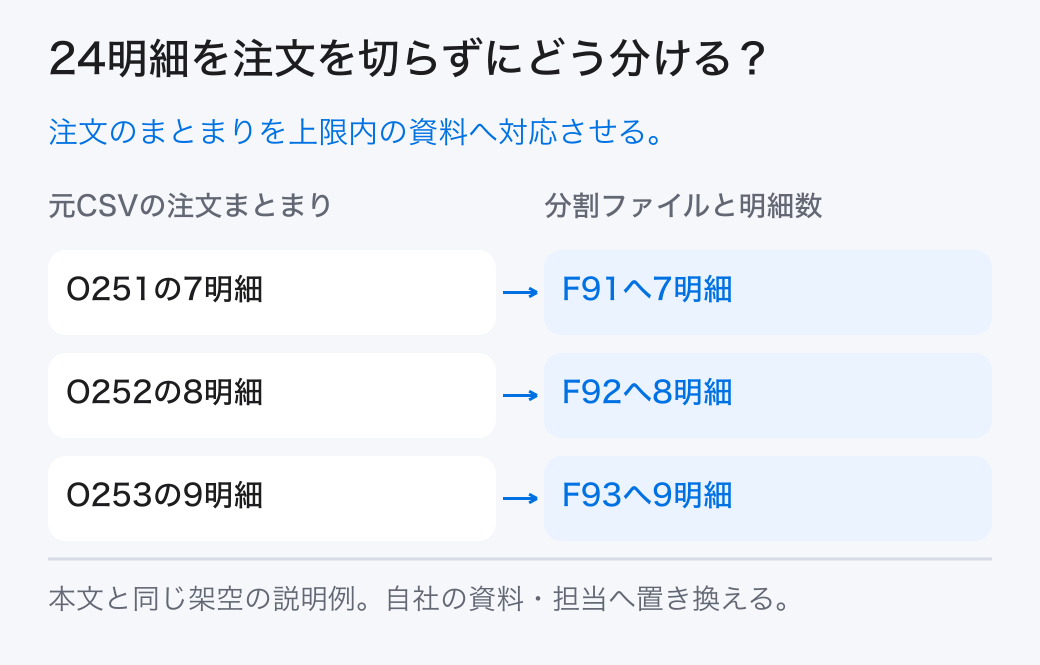 24明細を注文を切らずにどう分ける？ 注文のまとまりを上限内の資料へ対応させる。