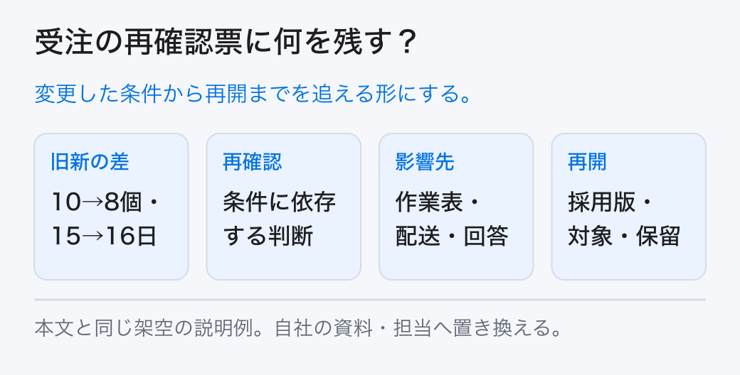 受注の再確認票に何を残す? 変更した条件から再開までを追える形にする。
