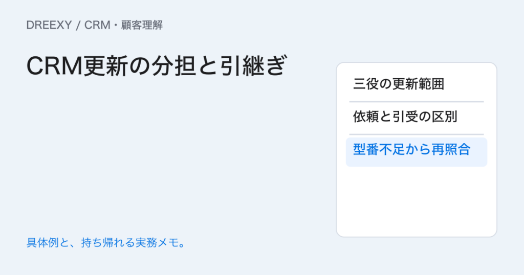 CRMを複数担当で更新するには?営業・技術・管理の分担と引受確認の実務ガイド。CRM更新の分担と引継ぎ:記入メモ