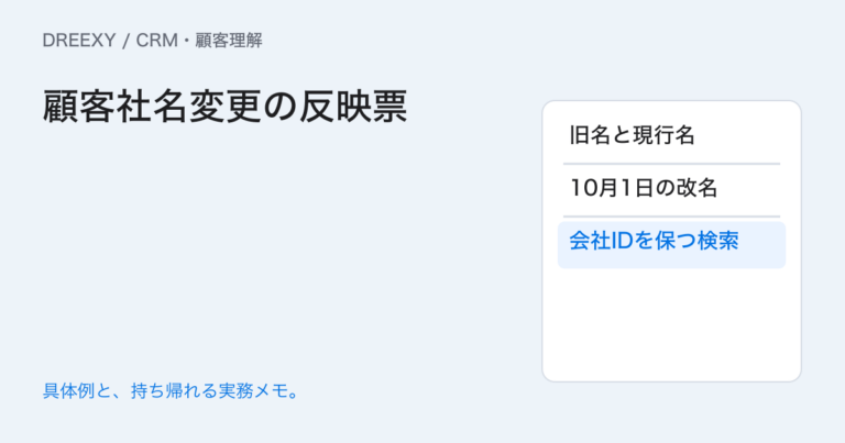 顧客の社名が変わったら?旧名で探せる取引履歴の残し方の実務ガイド。顧客社名変更の反映票:記入メモ