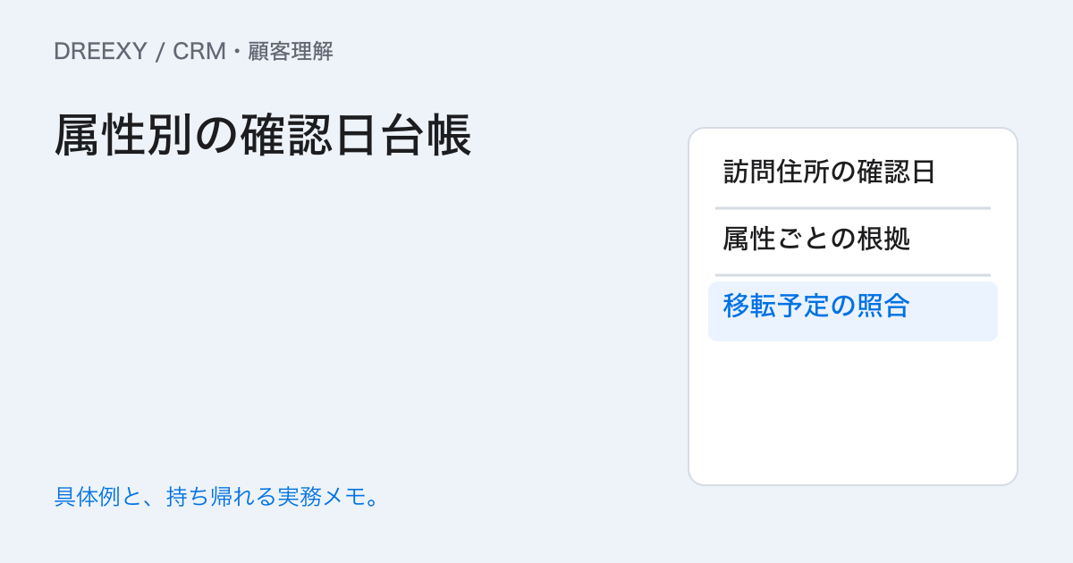 CRMの会社情報はいつ確かめる？公開情報と商談確認の更新表の実務ガイド。属性別の確認日台帳：記入メモ