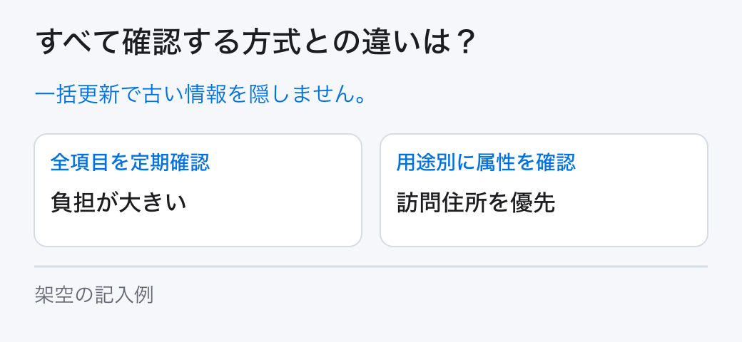 すべて確認する方式との違いは？。一括更新で古い情報を隠しません。