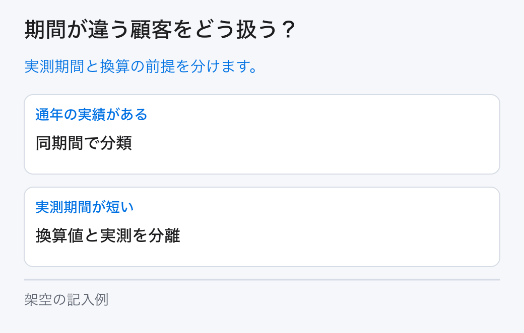 期間が違う顧客をどう扱う?。実測期間と換算の前提を分けます。
