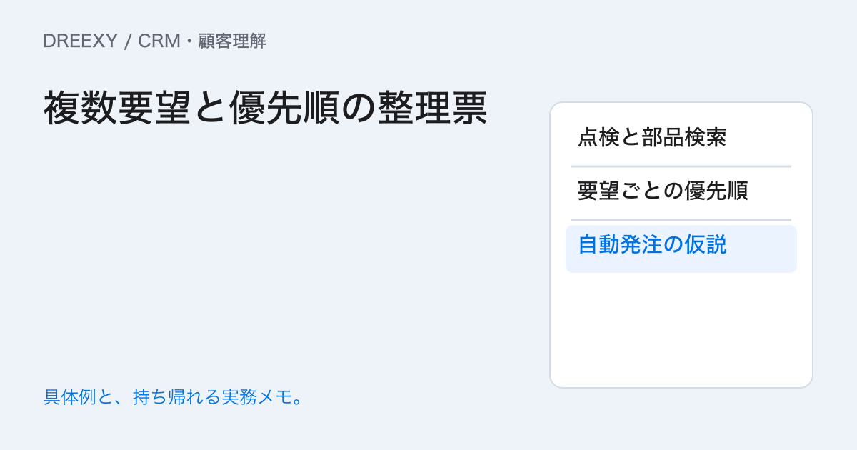顧客の課題が一つに収まらないときは?複数分類と根拠の残し方の実務ガイド。複数要望と優先順の整理票:記入メモ