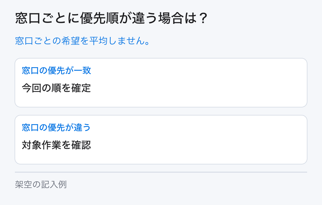窓口ごとに優先順が違う場合は?。窓口ごとの希望を平均しません。