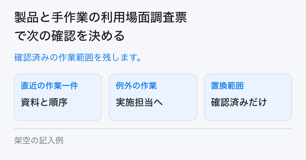 製品と手作業の利用場面調査票で次の確認を決める。確認済みの作業範囲を残します。