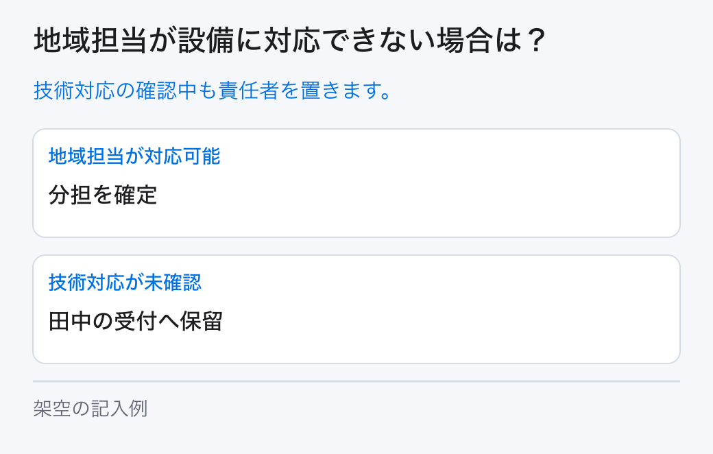 地域担当が設備に対応できない場合は?。技術対応の確認中も責任者を置きます。