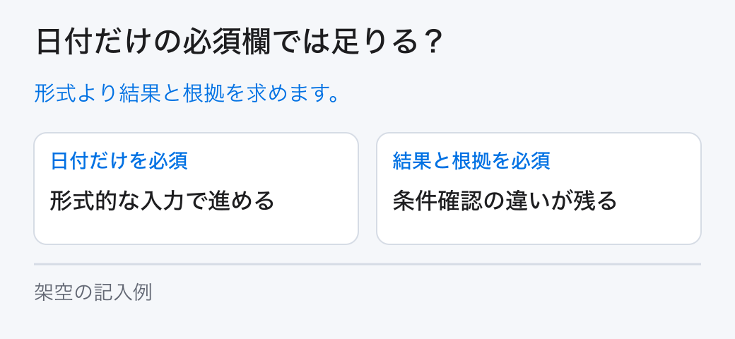 日付だけの必須欄では足りる?。形式より結果と根拠を求めます。
