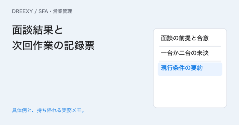 営業面談が終わった後に何を残す?決まったことと次回確認の記録の実務ガイド。面談結果と次回作業の記録票:記入メモ