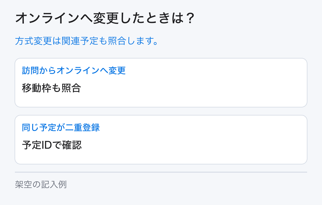 オンラインへ変更したときは?。方式変更は関連予定も照合します。