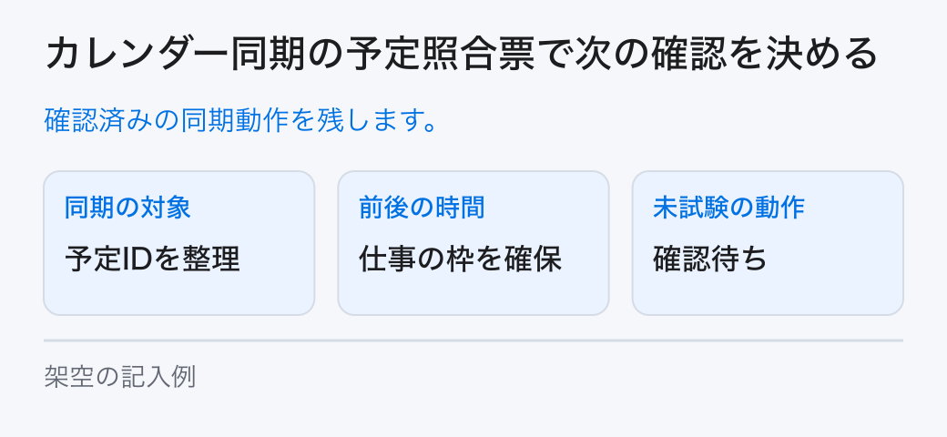 カレンダー同期の予定照合票で次の確認を決める。確認済みの同期動作を残します。