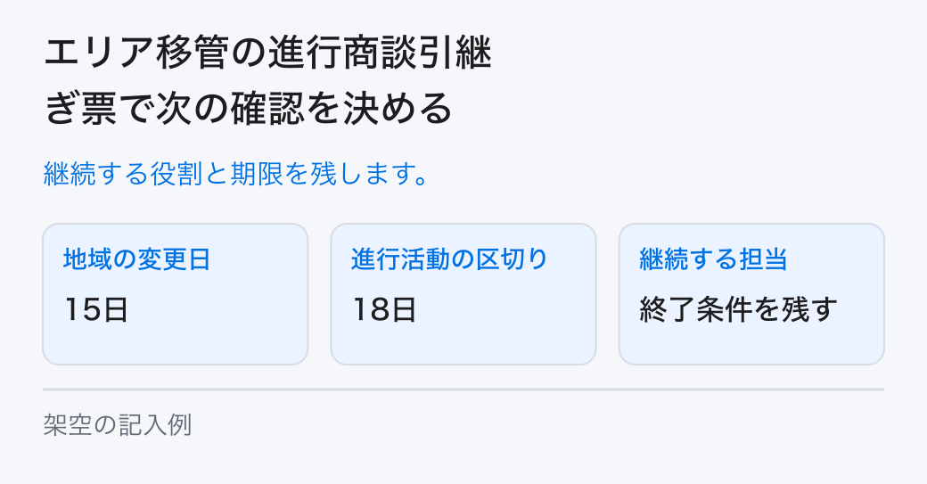 エリア移管の進行商談引継ぎ票で次の確認を決める。継続する役割と期限を残します。